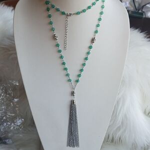 Paparazzi Green and Silver Necklace with Fringe Long